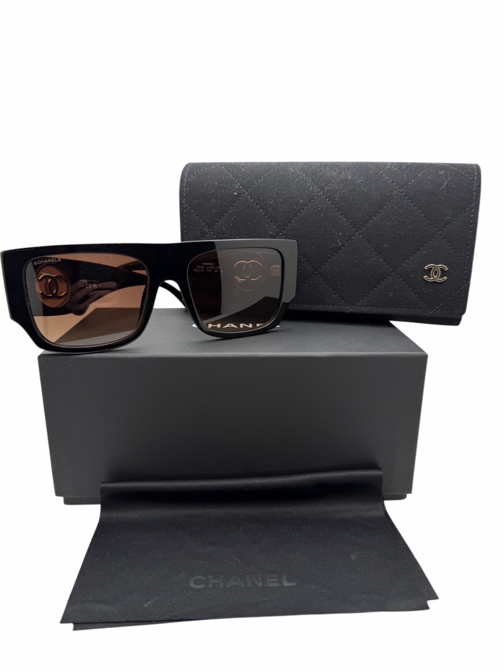 Auth Chanel Black Square Sunglasses With Brown Gradient Lenses Full Set